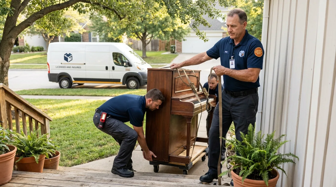 Licensed piano movers securing grand piano in Ferndale, MI