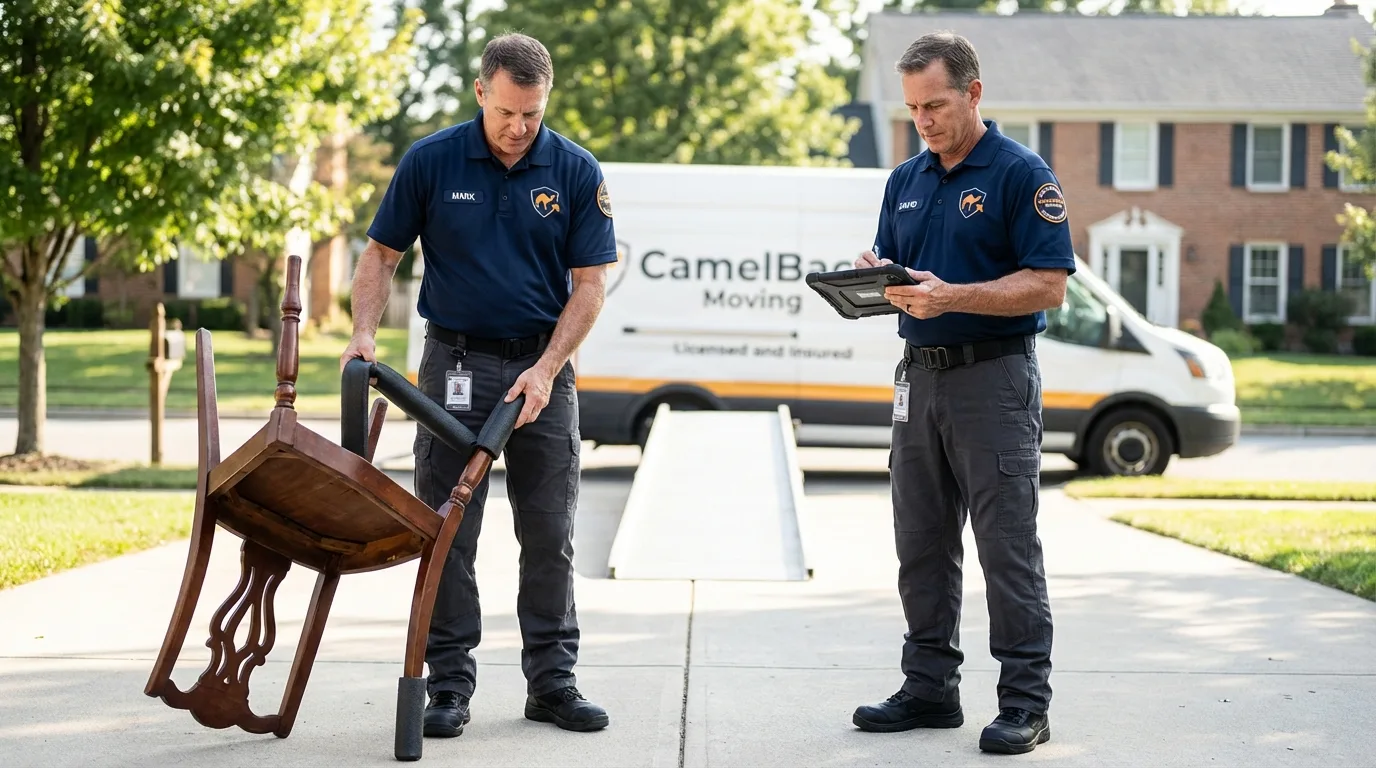 Movers inspecting furniture for damage prevention before loading in Ferndale, MI