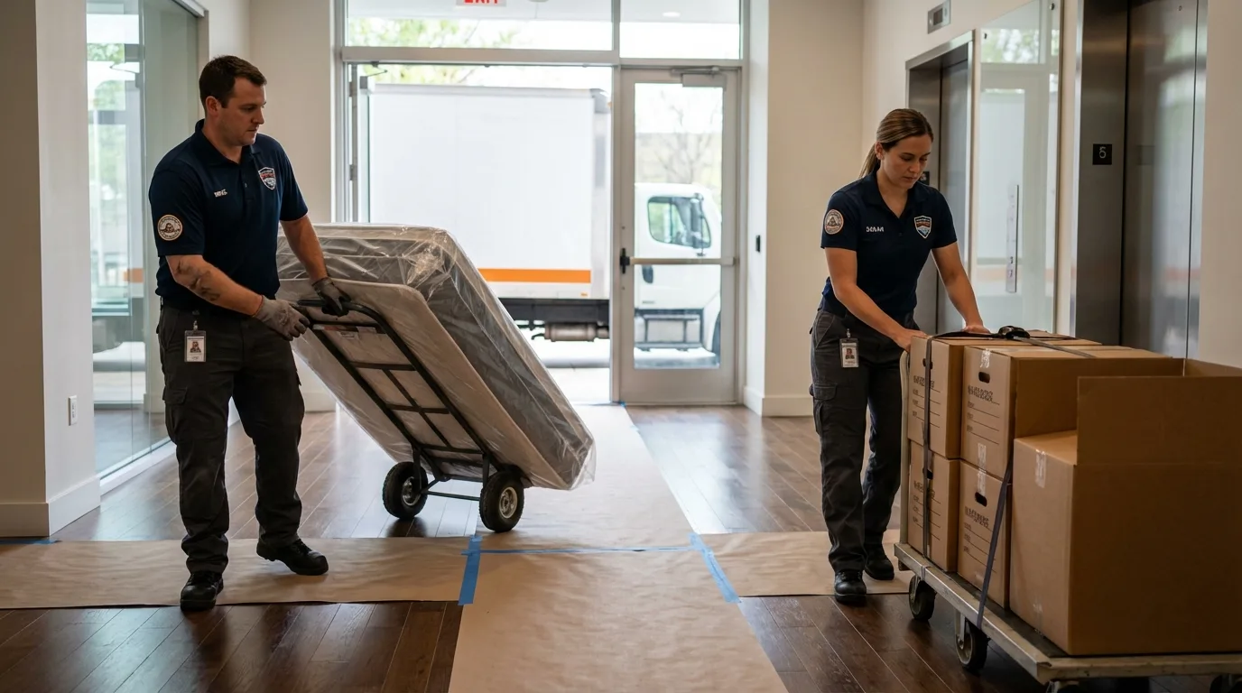 Professional apartment movers loading elevator in Ferndale, MI